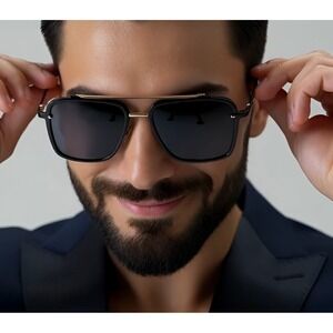 Sunglasses Men Dark‎ Black Gold Bar Square Frame Shades Street Wear Trendy Gafas